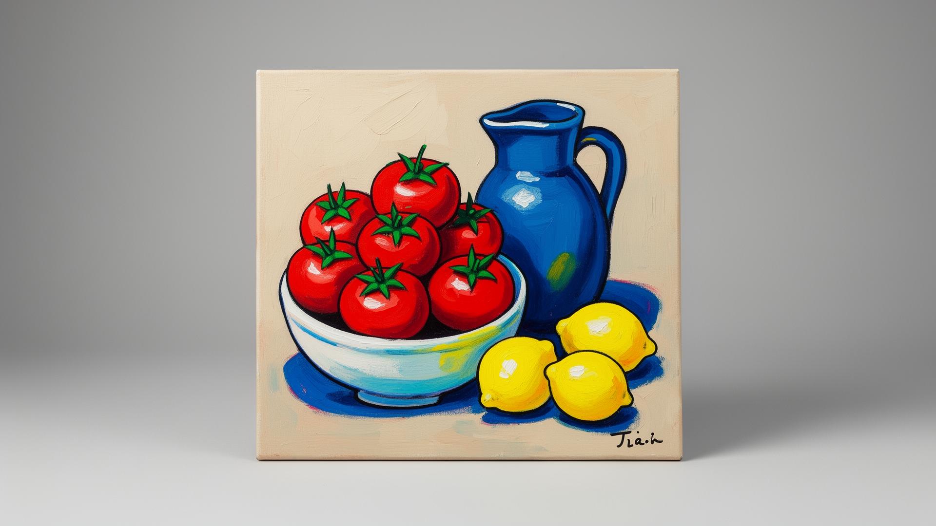 Tomates y jarra azul